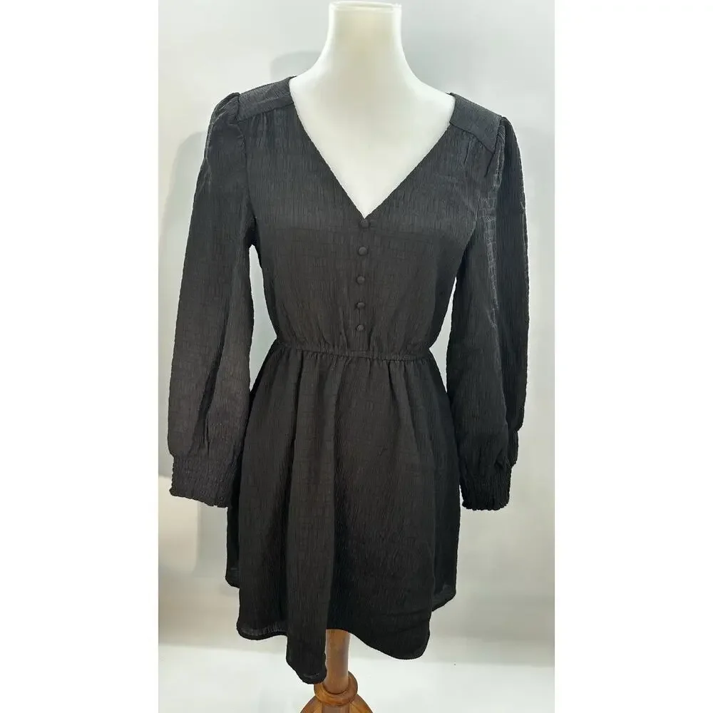 BB Dakota Steve Madden Black V-Neck Long Sleeve Button Mini Dress M - Picture 3 of 7